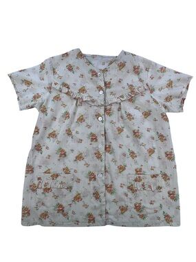 Vintage 70s Floral Cotton Smock Blouse Ruffle Yoke Patch Pockets Cottagecore M/L